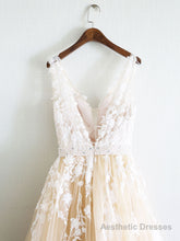 Champagne V Neck Tulle Lace Applique Long Prom Dress, Evening Dress